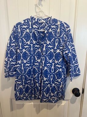 Caliban Damask Print Blue & White Pull over side vented  Shirt